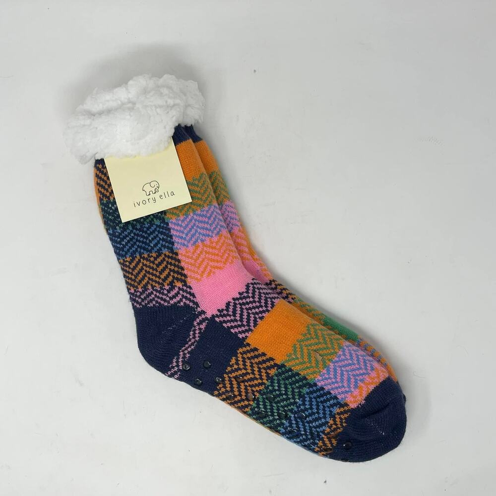 Ivory Ella Aurora Pink Blue‎ Orange Plaid Sherpa Lined Knit Slipper Grip Socks
